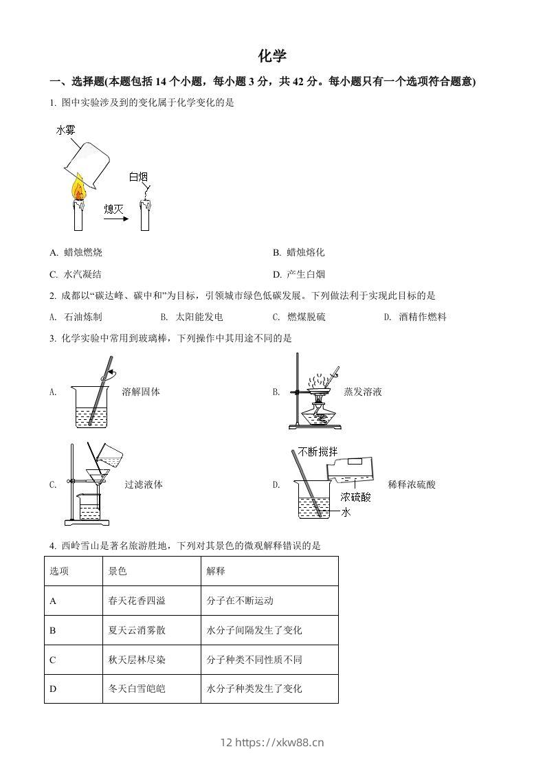 2022年四川省成都市中考化学真题（空白卷）-佑学宝学科网