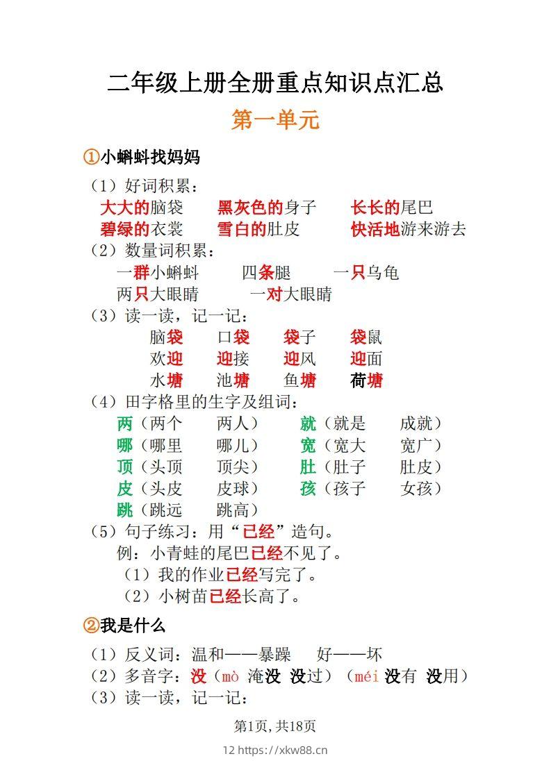 二年级上册语文全册每课重点知识点-佑学宝学科网