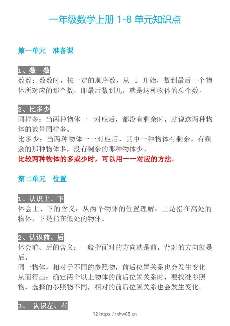 【人教一年级】数学上册必背笔记-佑学宝学科网