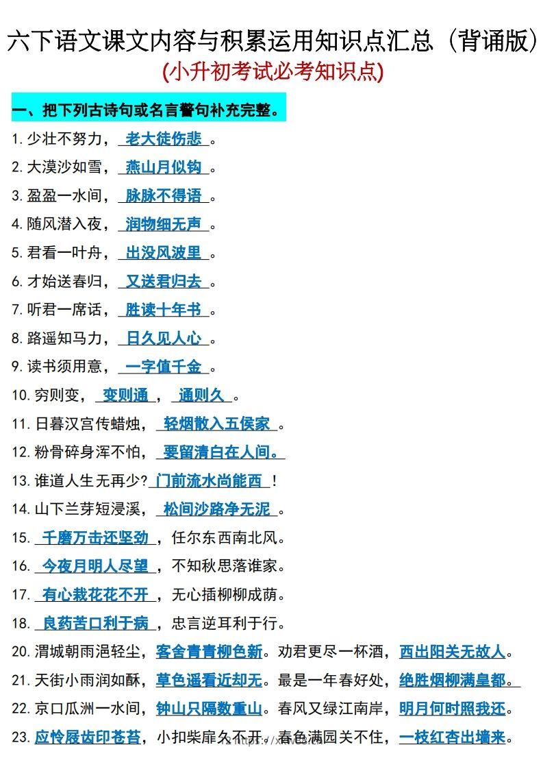 六年级下册语文(小升初)期末必考知识点-佑学宝学科网