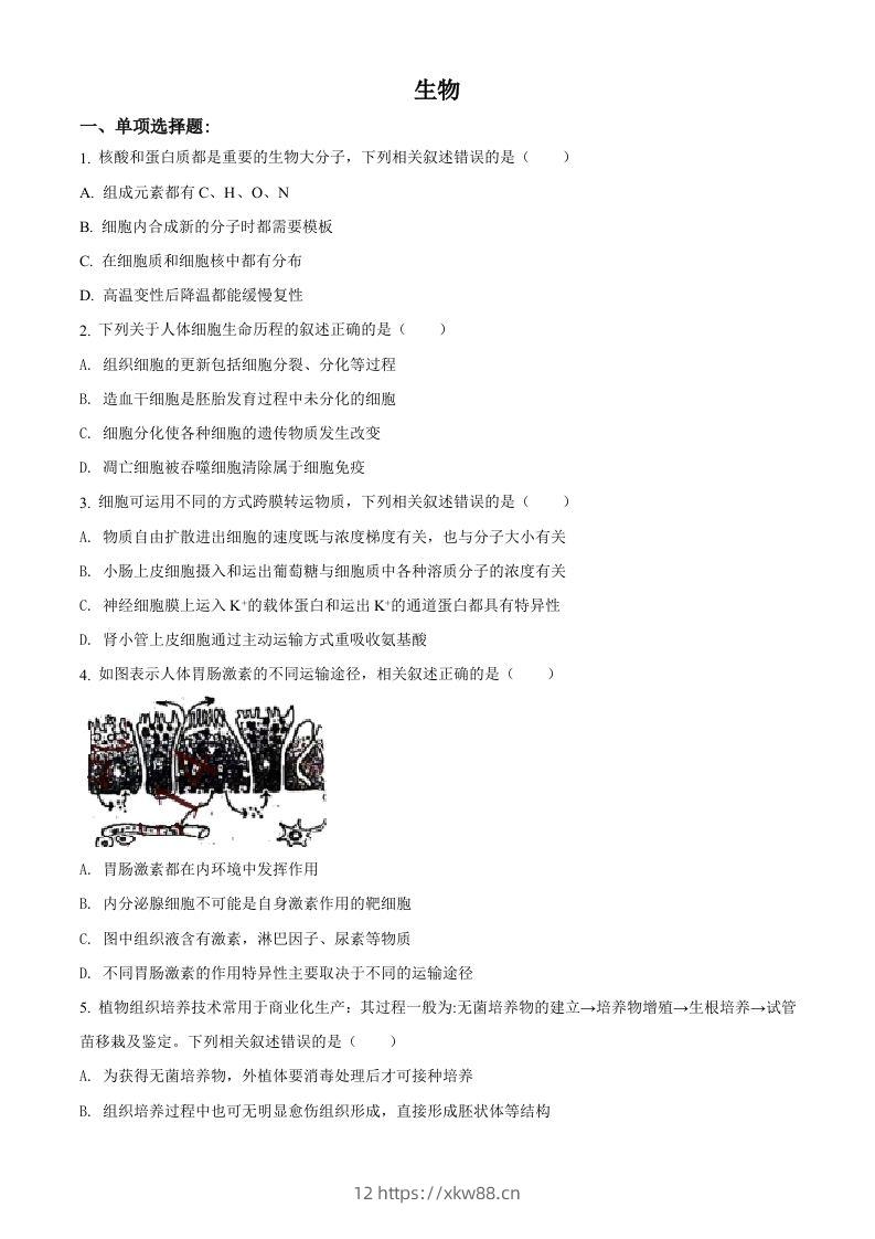 2021年高考生物试卷（江苏）（空白卷）-佑学宝学科网