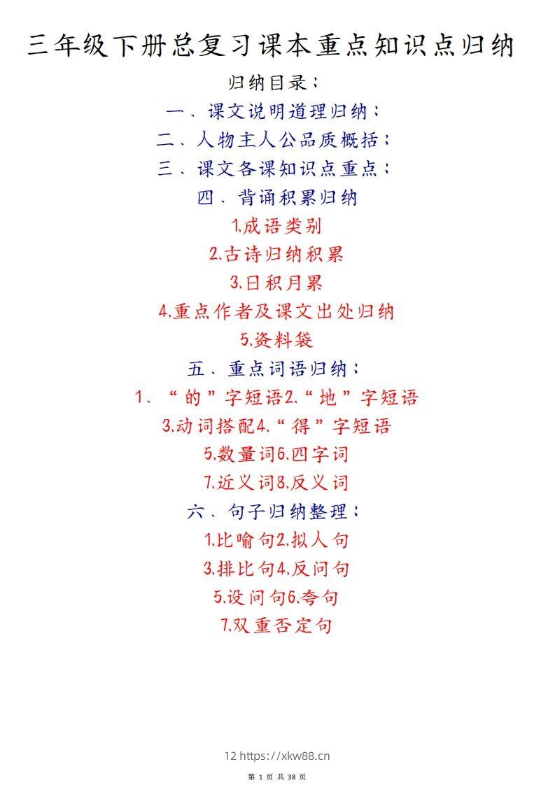 期末复习重点知识汇总三下语文-佑学宝学科网