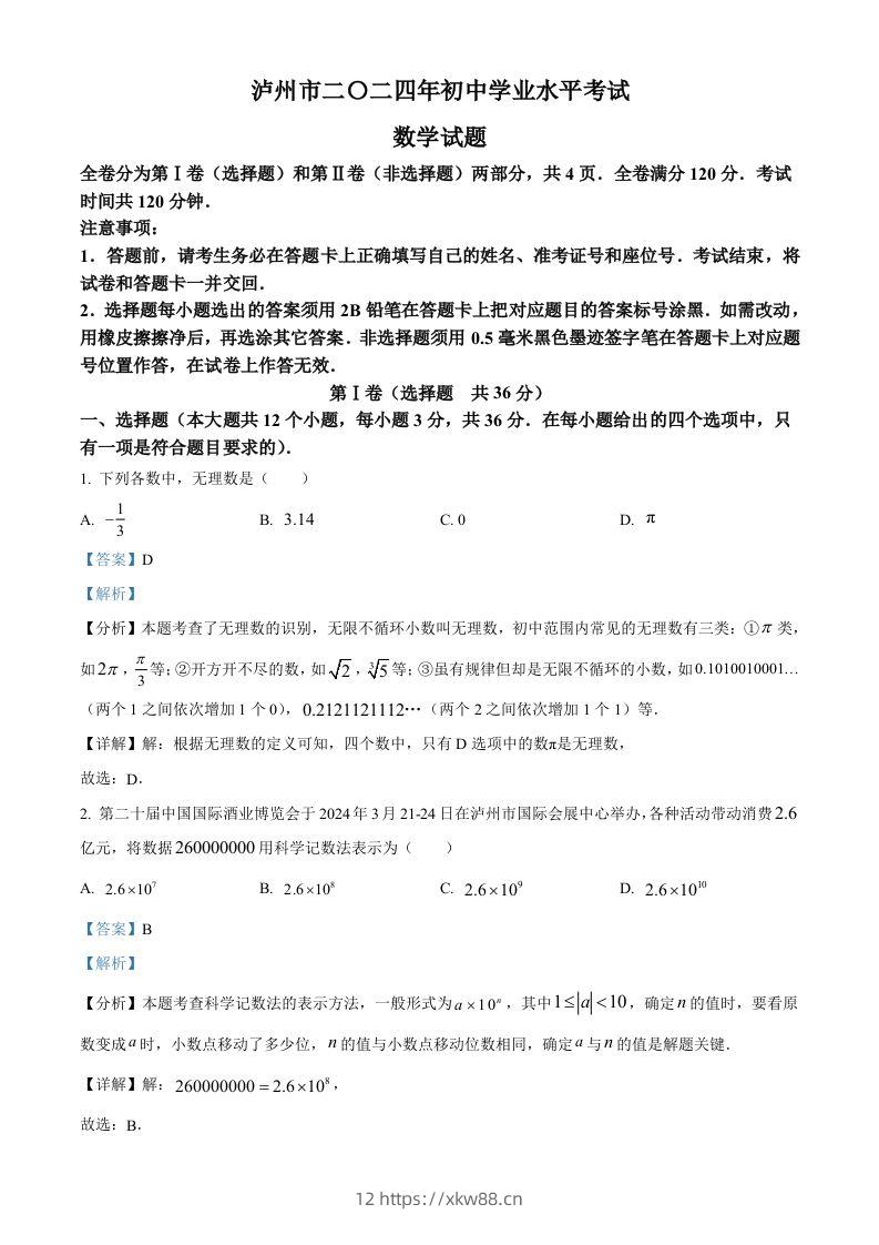 2024年四川省泸州市中考数学试题（含答案）-佑学宝学科网