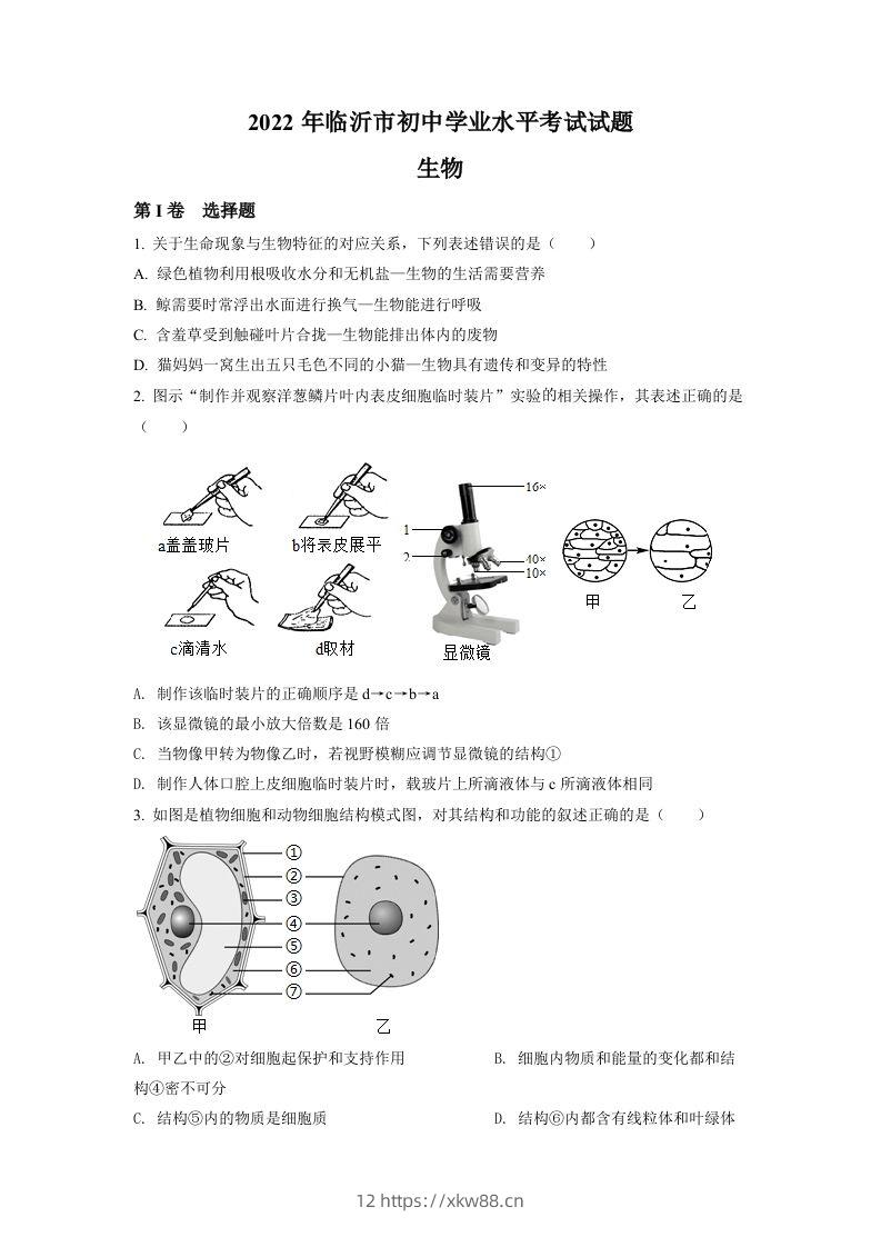 2022年山东省临沂市中考生物真题（空白卷）-佑学宝学科网