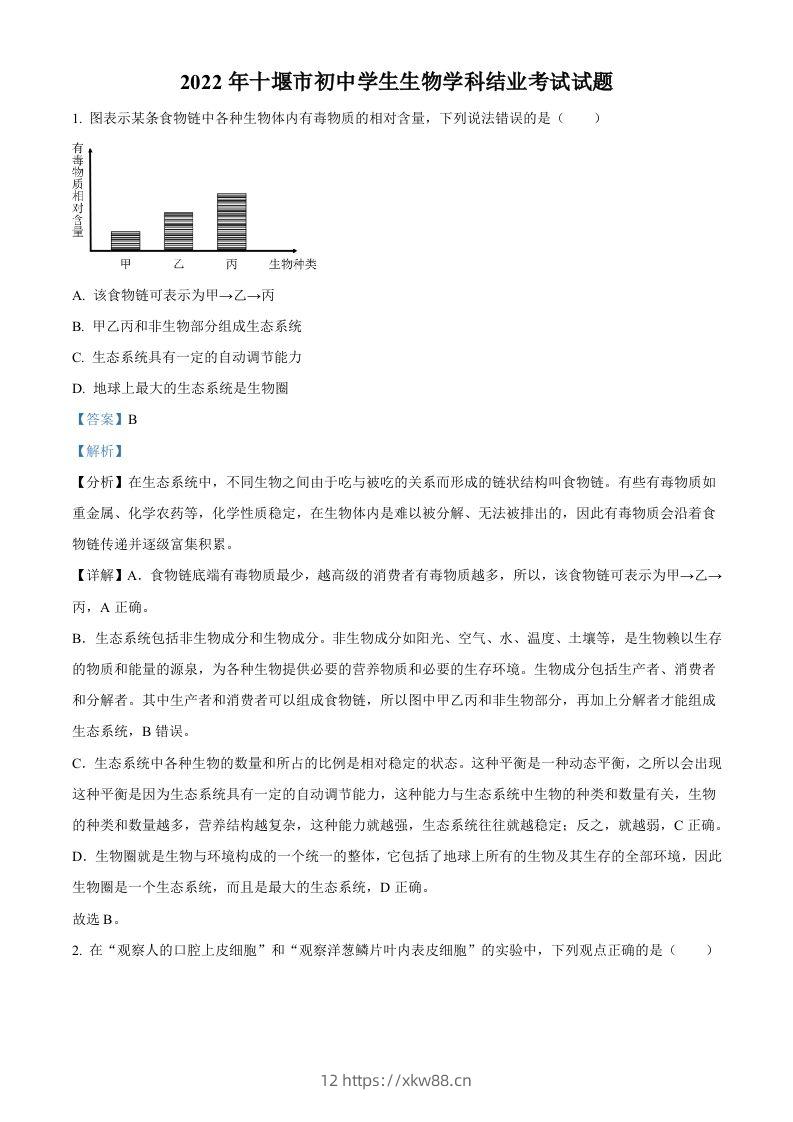 2022年湖北省十堰市结业考试生物试题（含答案）-佑学宝学科网