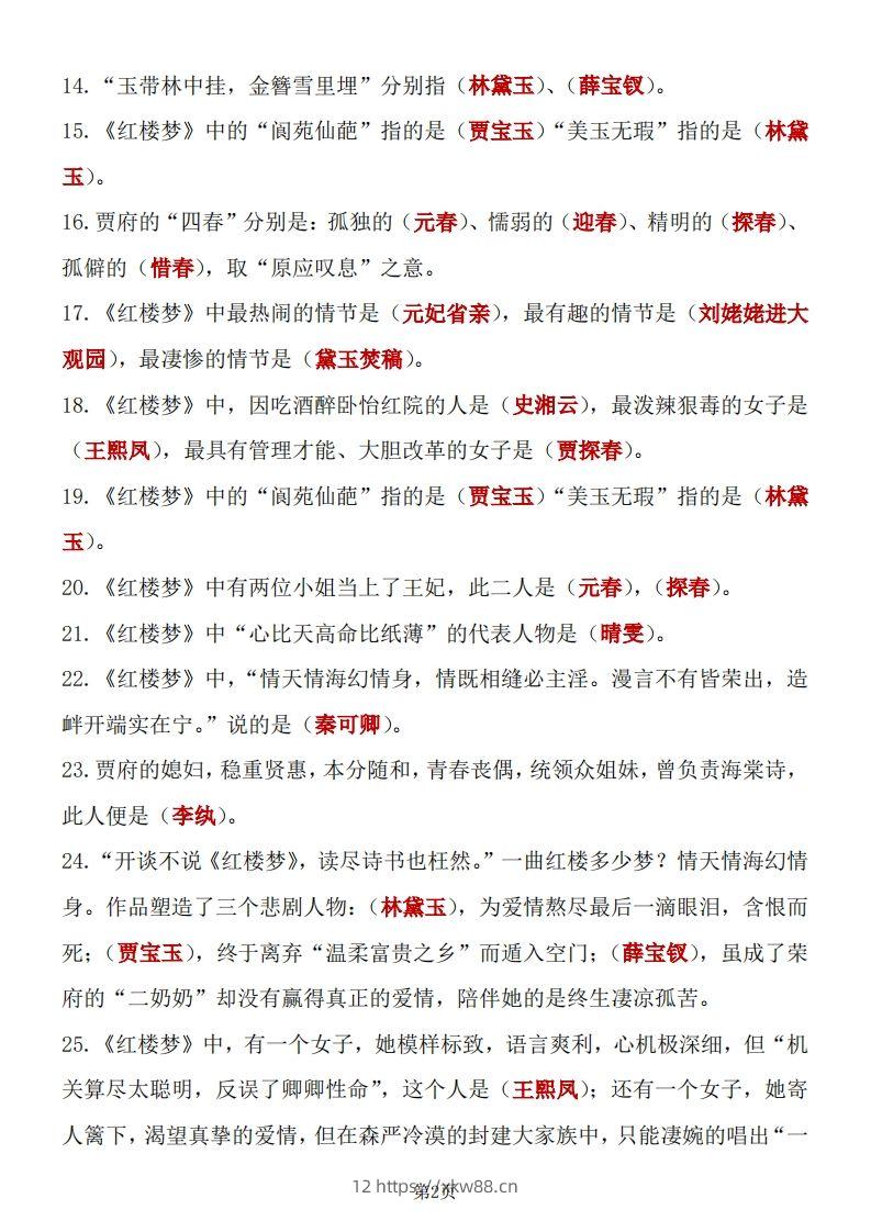 图片[2]-四大名著知识点汇总之《红楼梦》-佑学宝学科网