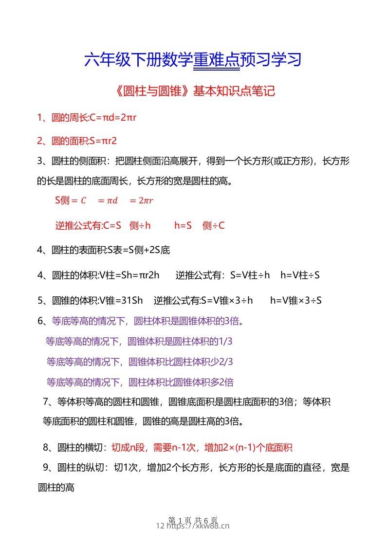 六年级下册数学重难点《圆柱与圆锥》-佑学宝学科网