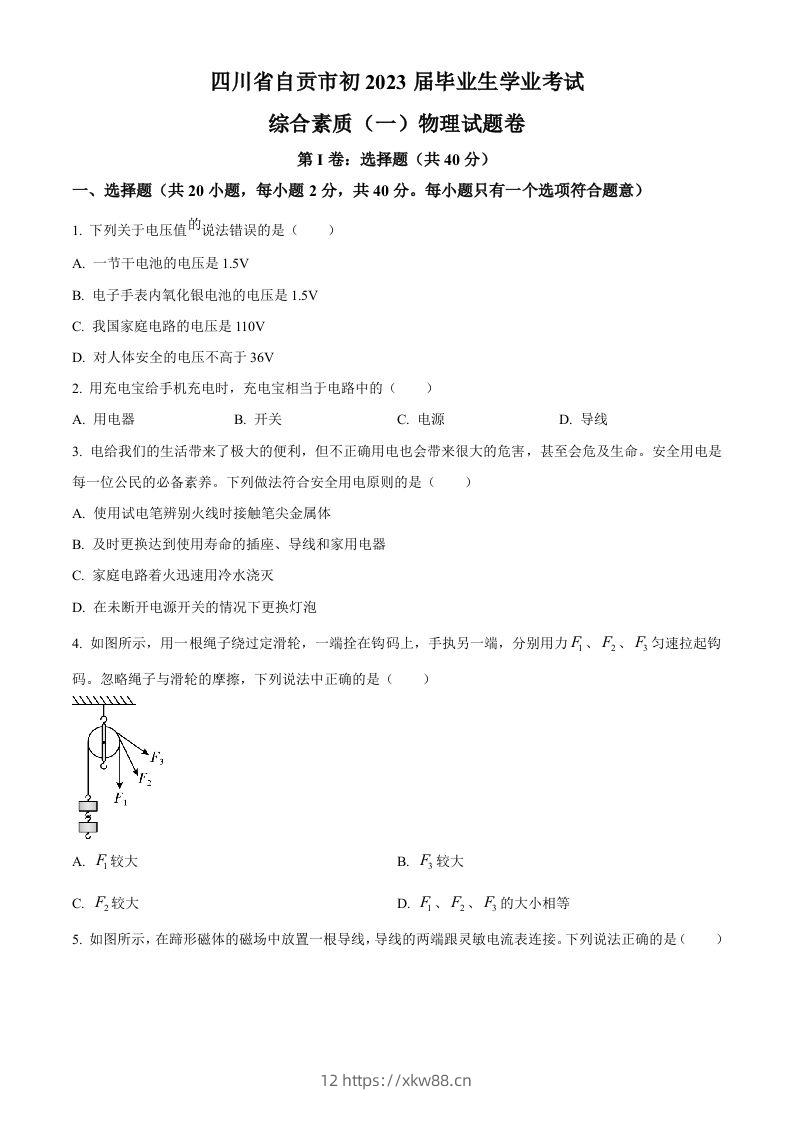 2023年四川省自贡市中考物理试题（空白卷）-佑学宝学科网