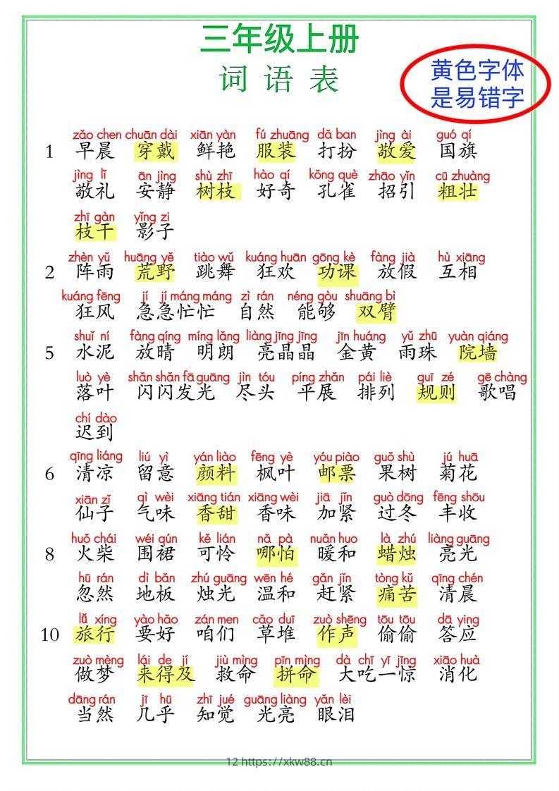 【24秋-期末复习（词语表）】三上语文-佑学宝学科网