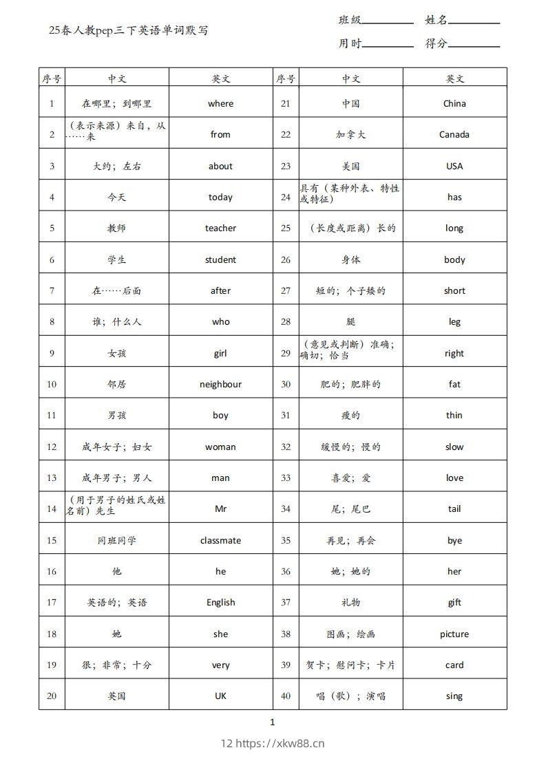 25春人教pep三下英语单词背诵表（3页）-佑学宝学科网