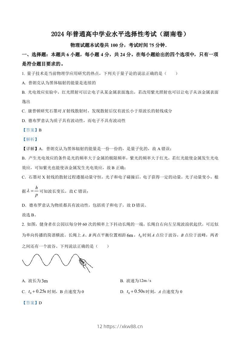 2024年高考物理试卷（湖南）（含答案）-佑学宝学科网