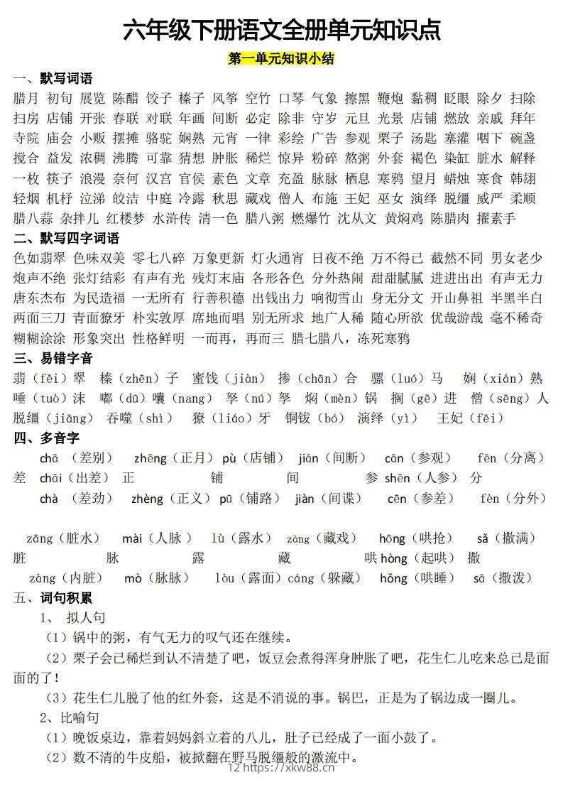 六年级1-8单元知识点(1)-佑学宝学科网