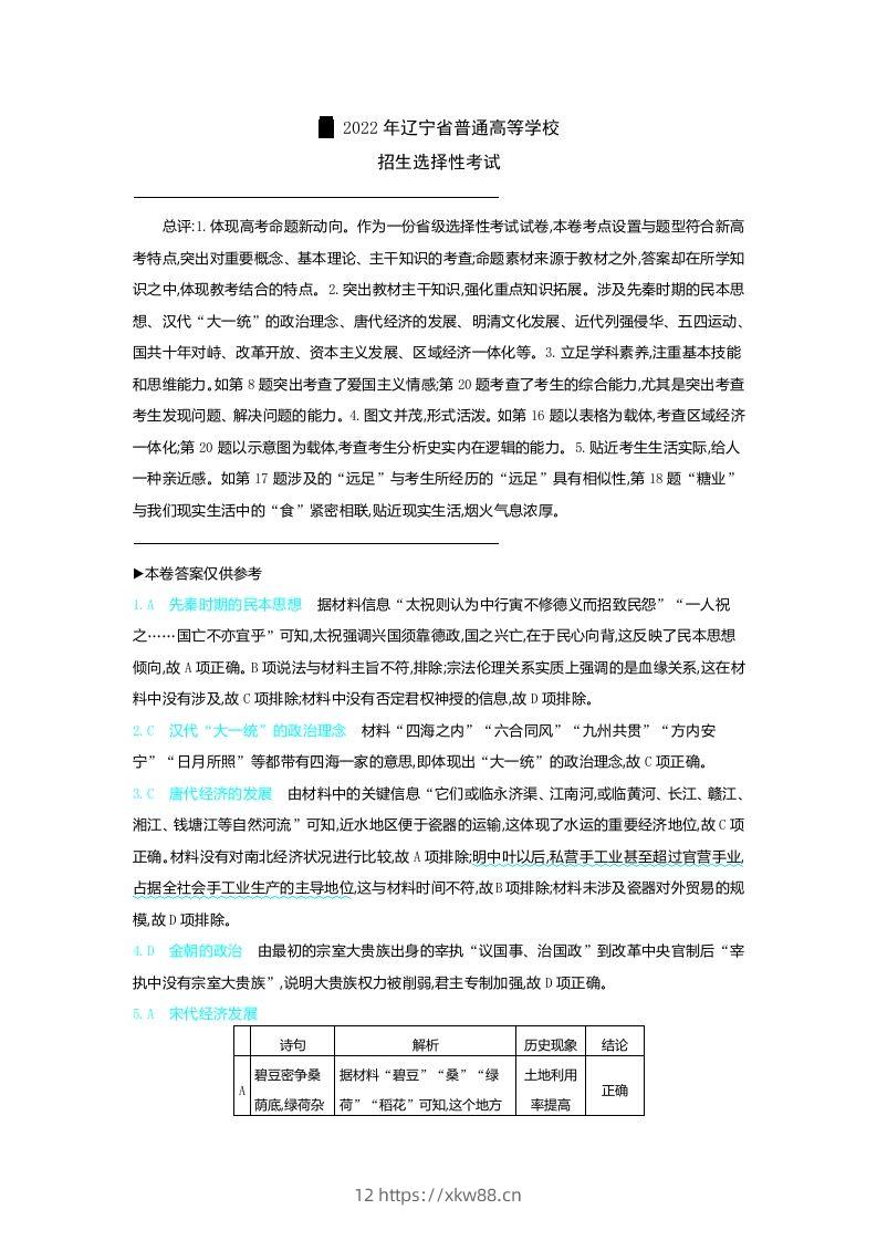 2022年高考历史试卷（辽宁）（含答案）-佑学宝学科网