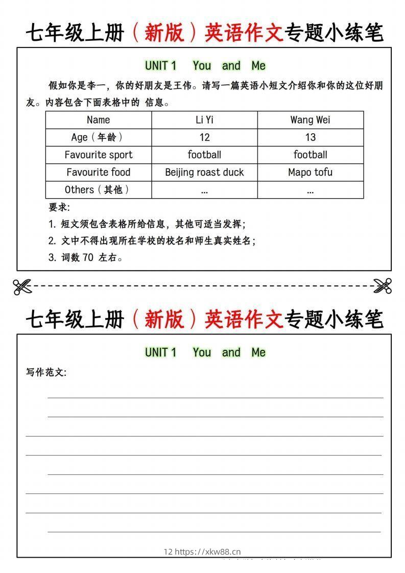 七年级上册（新版）英语作文专题小练笔挖空版-佑学宝学科网