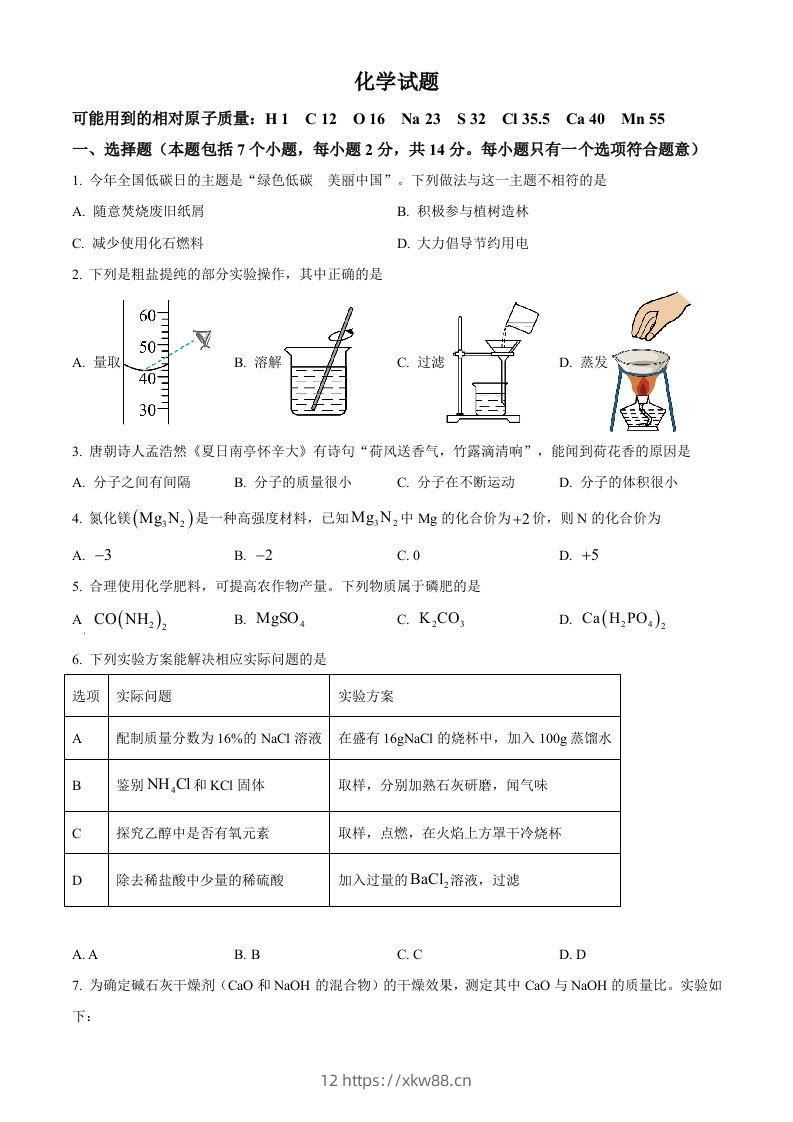 2024年贵州省中考化学真题（空白卷）-佑学宝学科网