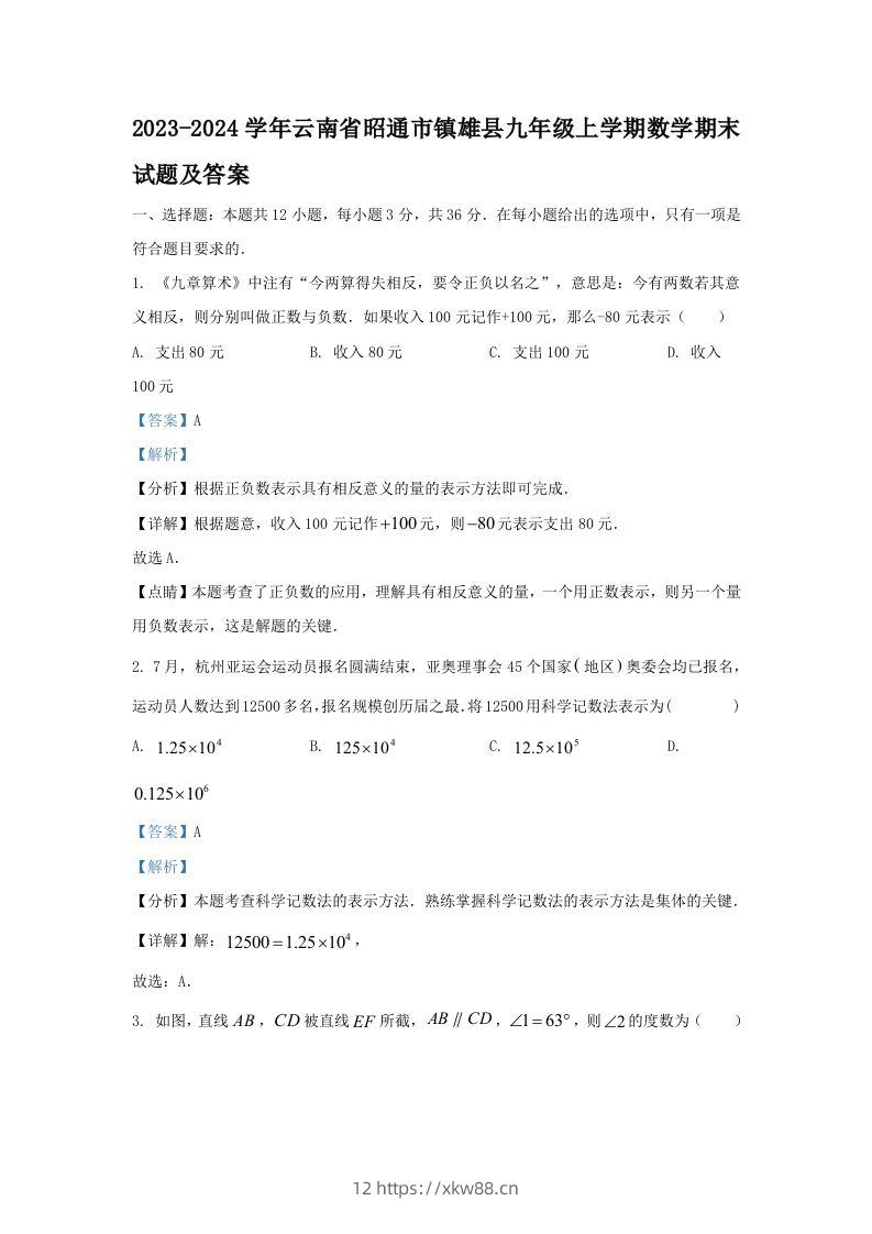 2023-2024学年云南省昭通市镇雄县九年级上学期数学期末试题及答案(Word版)-佑学宝学科网