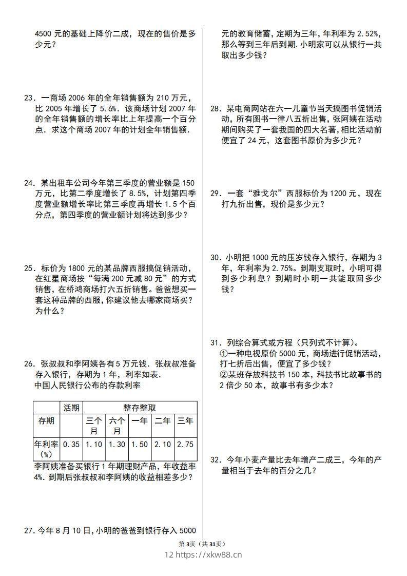 图片[3]-六年级数学上册百分数应用题60题-佑学宝学科网