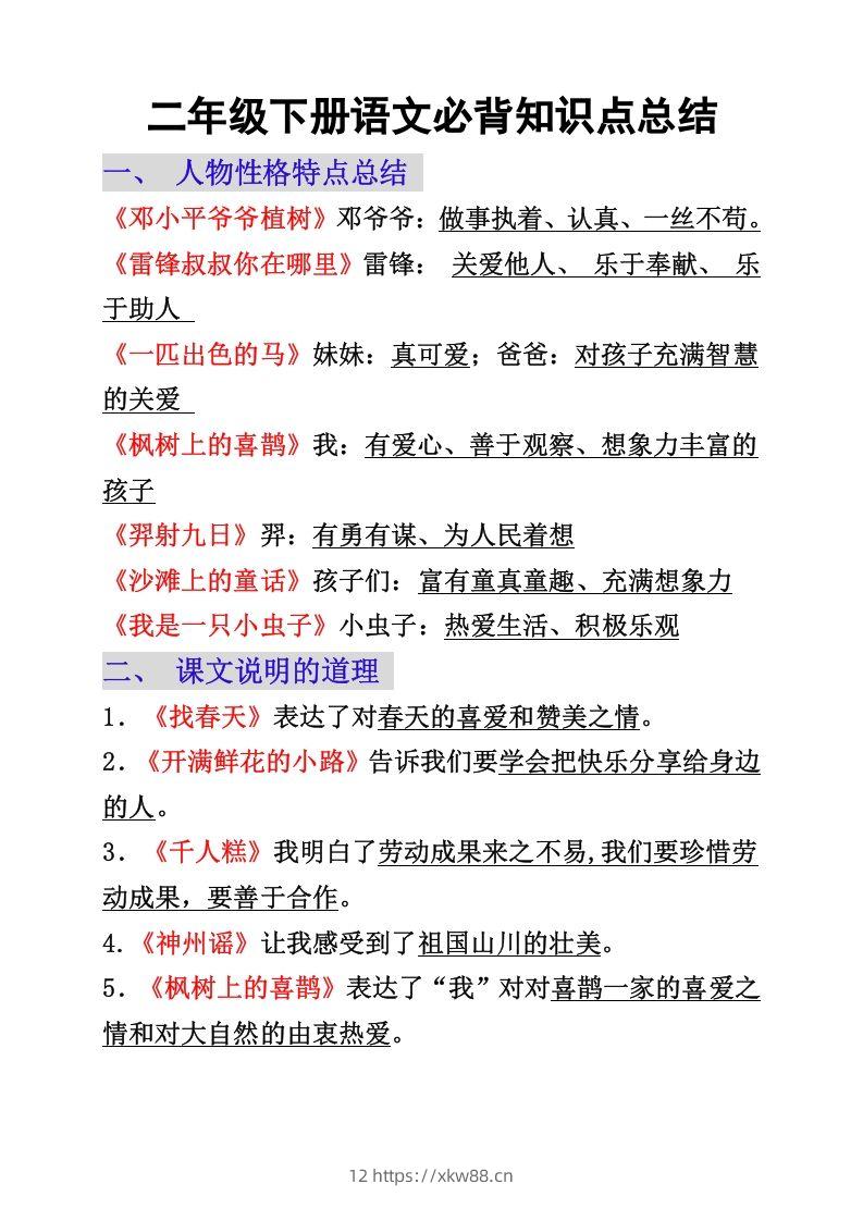 二年级下册语文必背重点知识点-佑学宝学科网