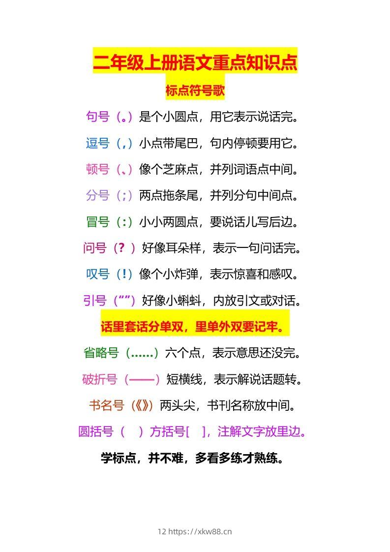 二上语文标点符号歌专项练习题-佑学宝学科网