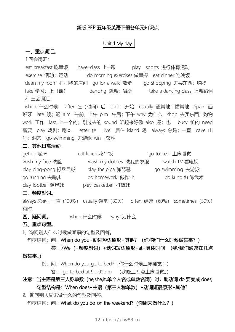 五年级英语下册单元知识点（人教PEP版）-佑学宝学科网