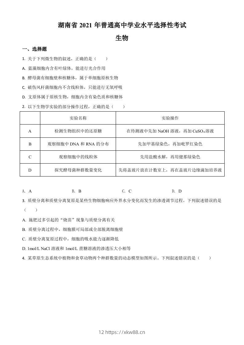 2021年高考生物试卷（湖南）（空白卷）-佑学宝学科网