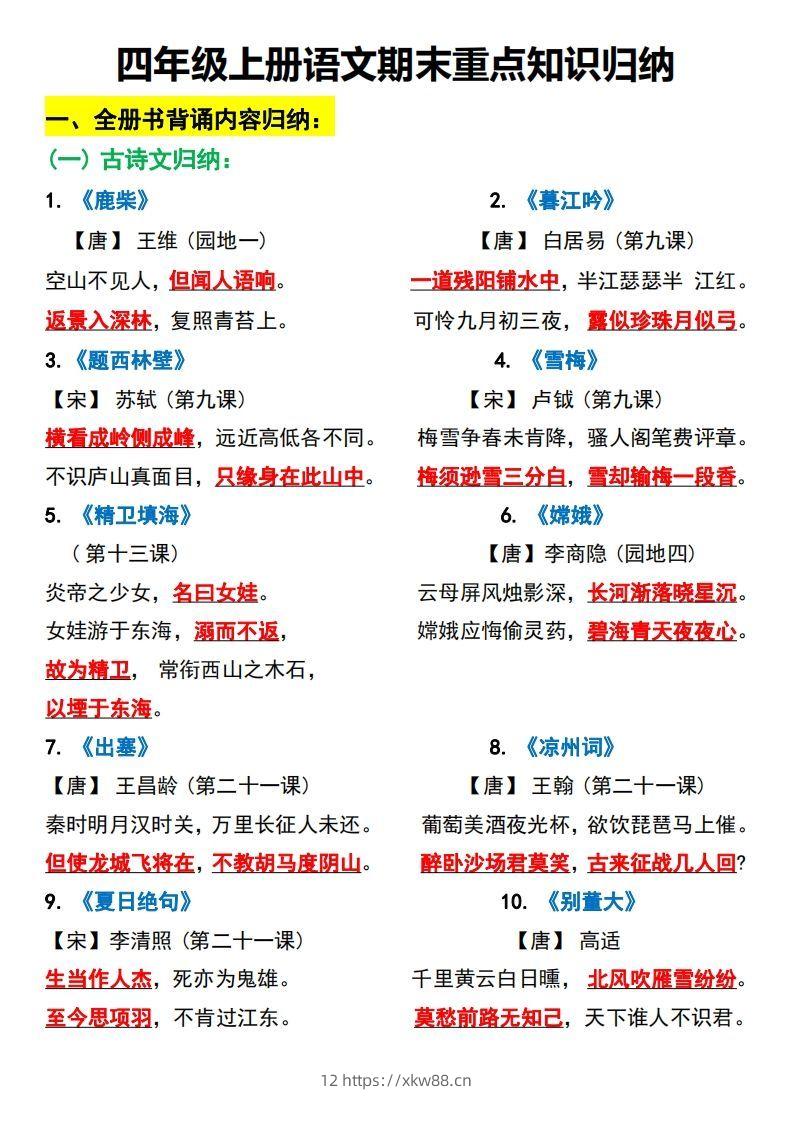 四上语文全册重点知识汇总-佑学宝学科网