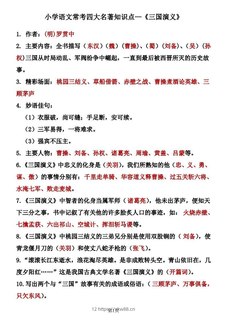 四大名著知识点汇总之《三国演义》-佑学宝学科网