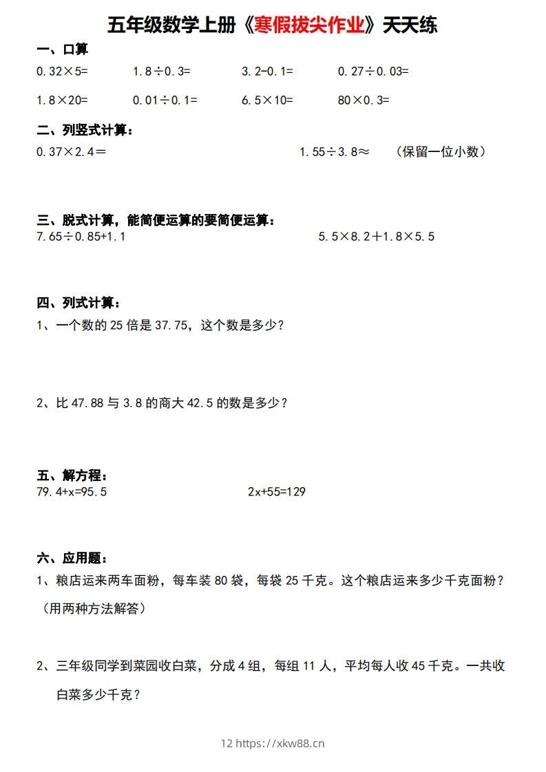 五年级下【数学寒假】拔尖作业天天练30天-佑学宝学科网