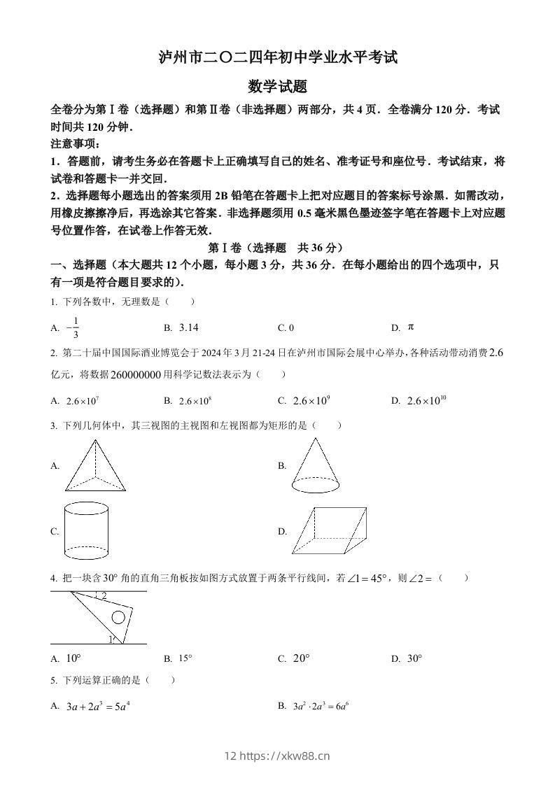 2024年四川省泸州市中考数学试题（空白卷）-佑学宝学科网