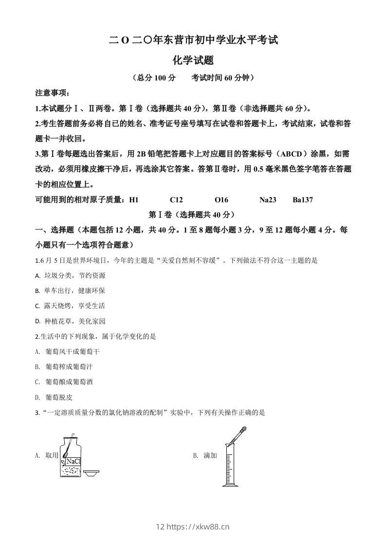 山东省东营市2020年中考化学试题（空白卷）-佑学宝学科网