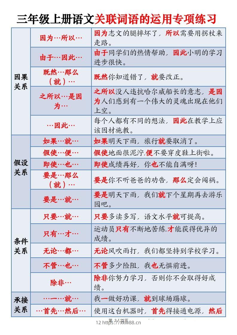 图片[3]-三上语文关联词语的运用专项练习（练习+答案）22页-佑学宝学科网