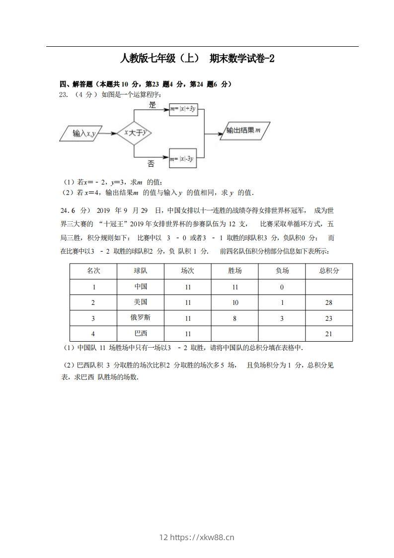 七年级（上）数学期末试卷4-2卷人教版-佑学宝学科网