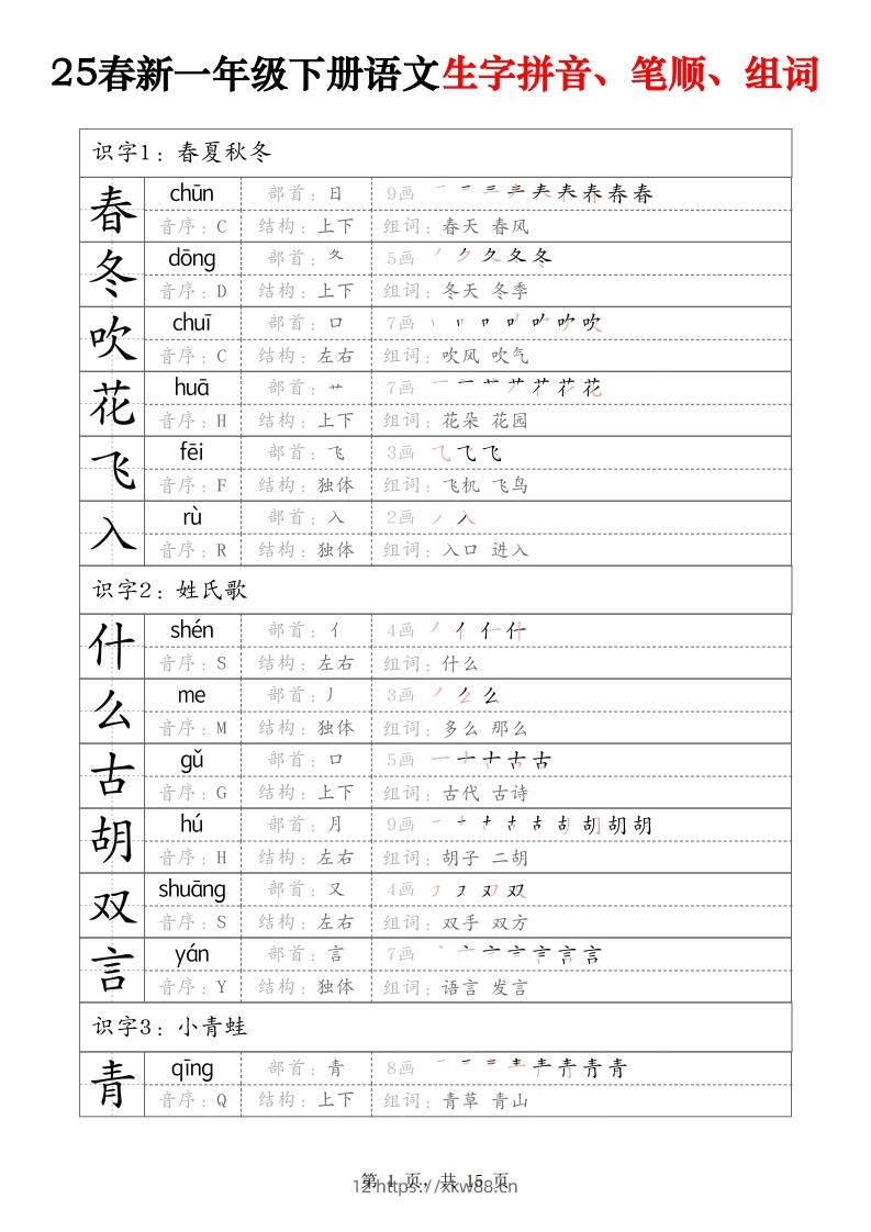 25春新一下语文生字拼音、笔顺、组词（15页）-佑学宝学科网