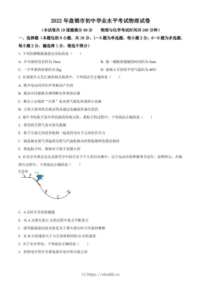2022年辽宁省盘锦市中考物理试题（空白卷）-佑学宝学科网