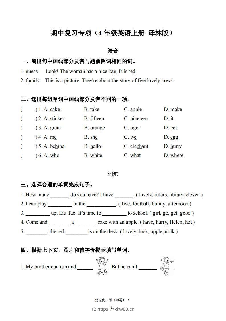 期中复习专项（四上英语译林版）-佑学宝学科网