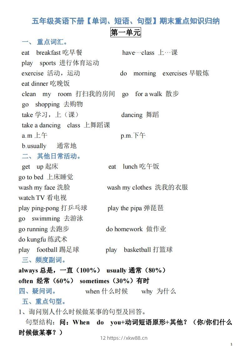 五年级英语下册素材-单词、短语、句型期末重点知识归纳（人教PEP版）-佑学宝学科网