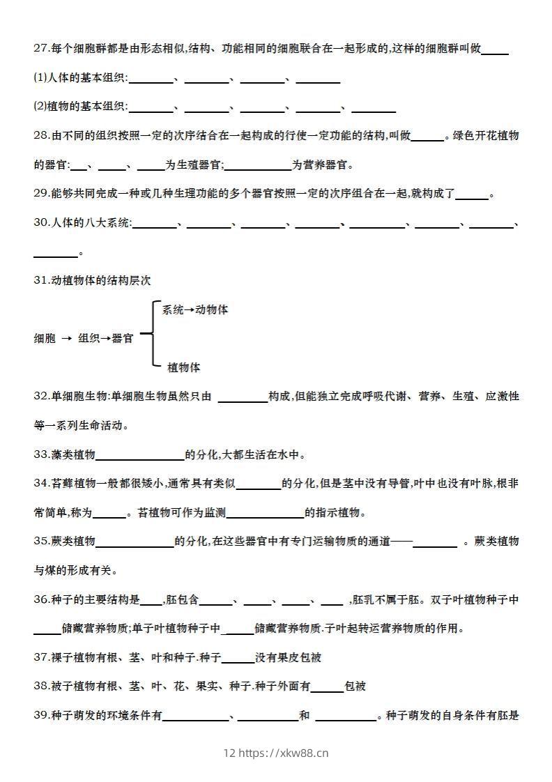 图片[3]-七上生物全册知识点填空72题（空白）-佑学宝学科网