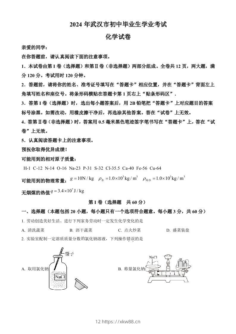2024年湖北省武汉市中考化学真题（空白卷）-佑学宝学科网
