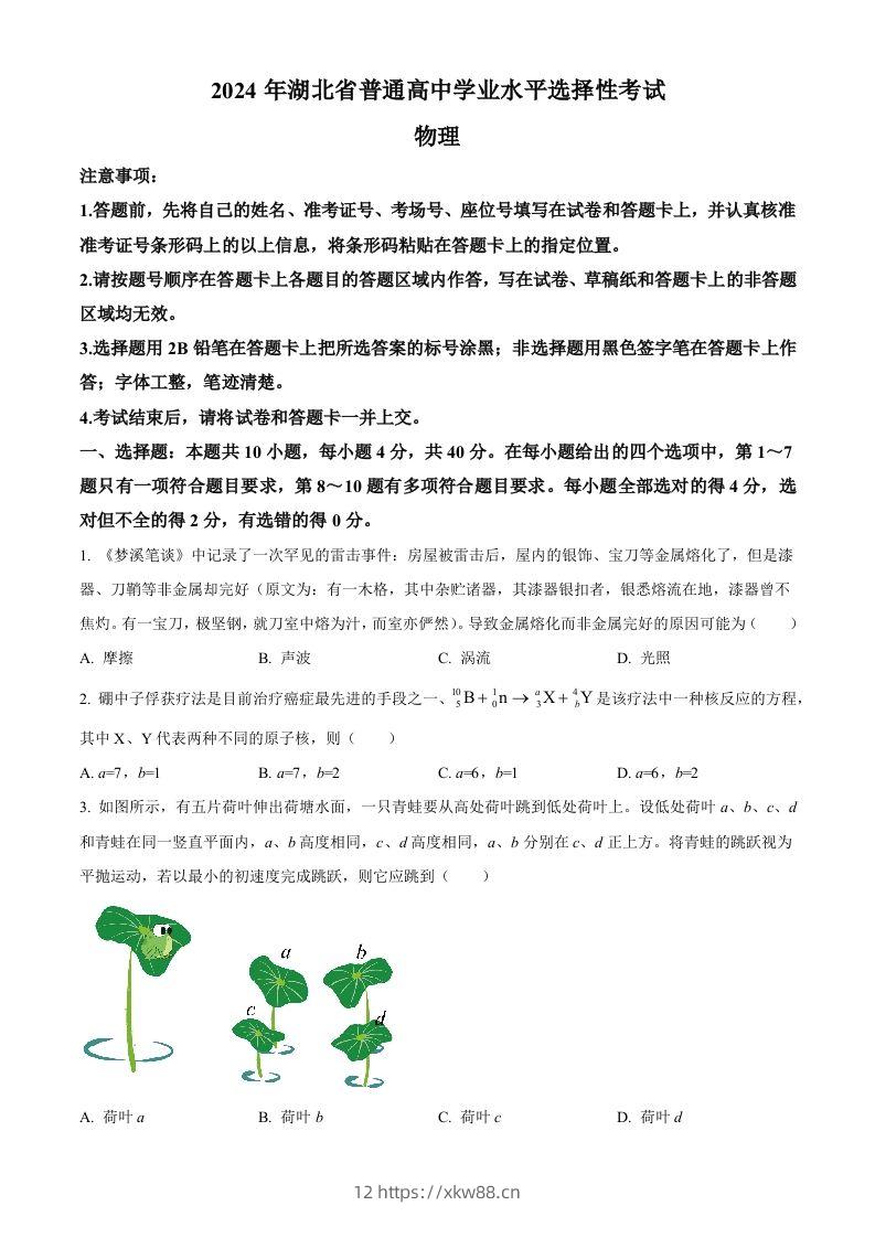 2024年高考物理试卷(湖北)(空白卷)-佑学宝学科网