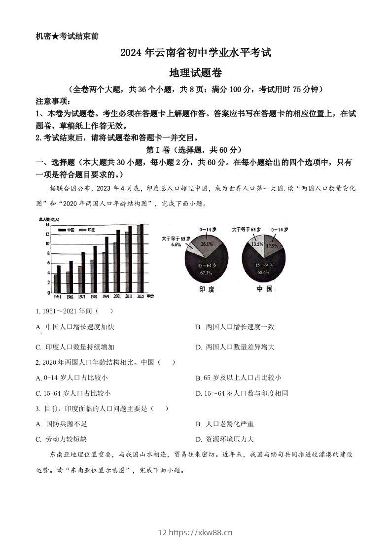 2024年云南省中考地理试题（空白卷）-佑学宝学科网