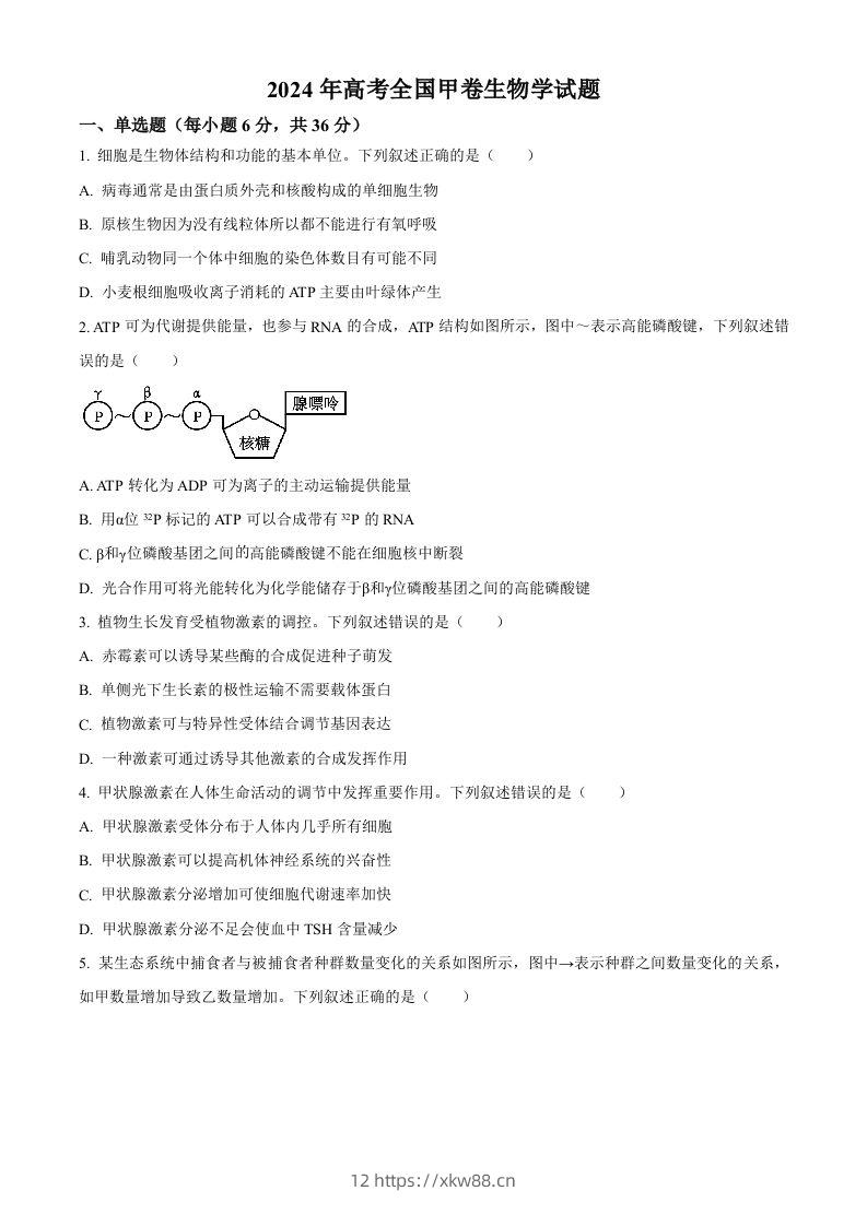 2024年高考生物试卷（全国甲卷）（空白卷）-佑学宝学科网