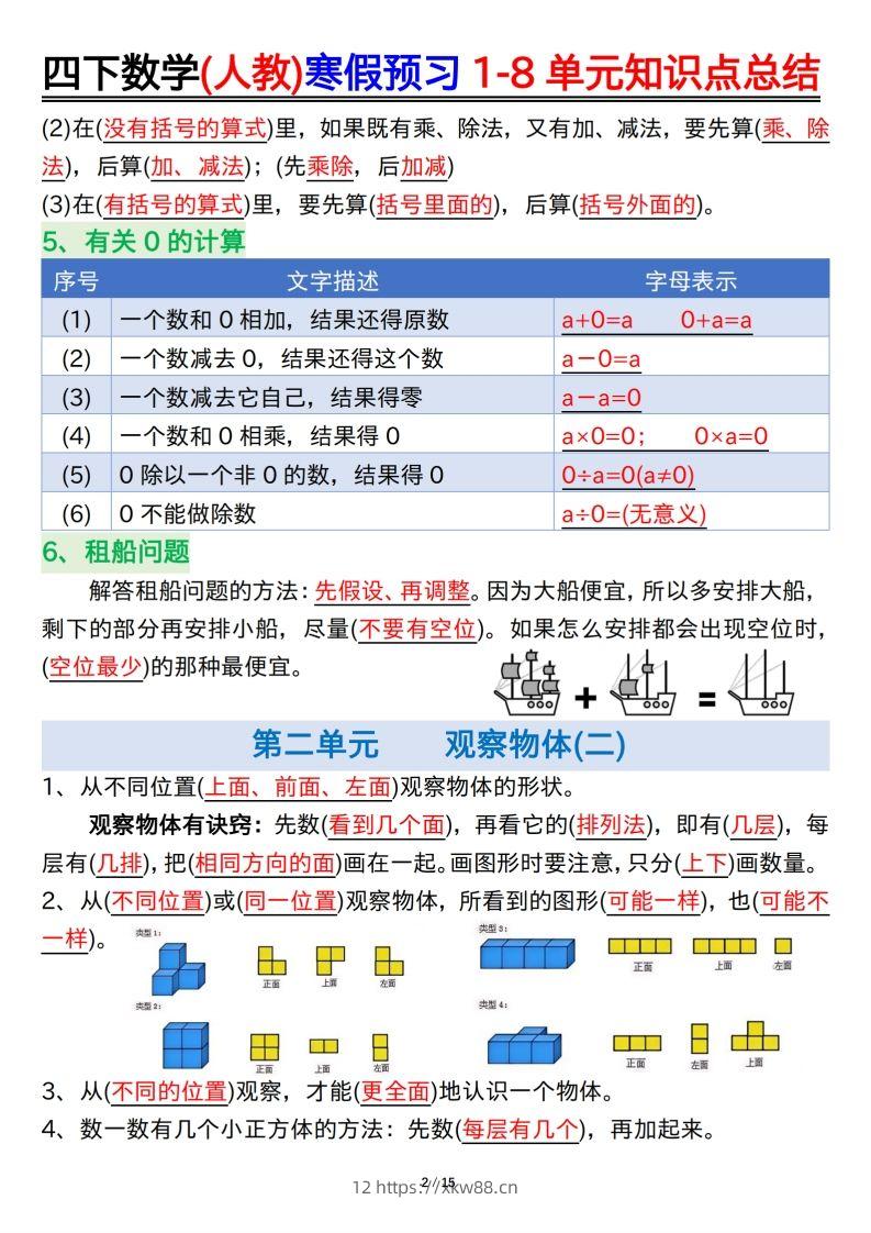 图片[2]-四下数学(人教)寒假预习1-8单元知识点总结（14页）-佑学宝学科网
