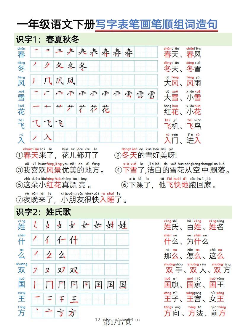 1.19一年级语文下册写字表笔画笔顺组词造句-佑学宝学科网