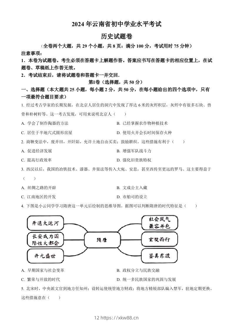 2024年云南省中考历史真题（空白卷）-佑学宝学科网