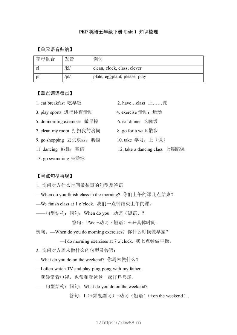 五年级英语下册单元知识梳理-Unit1Myday（人教PEP版）-佑学宝学科网