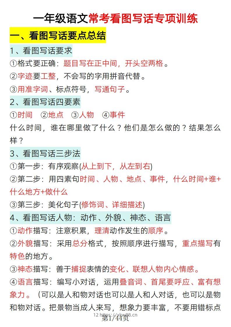 2025一年级语文下册看图写话要点总结+常考看图写话专项训练-佑学宝学科网