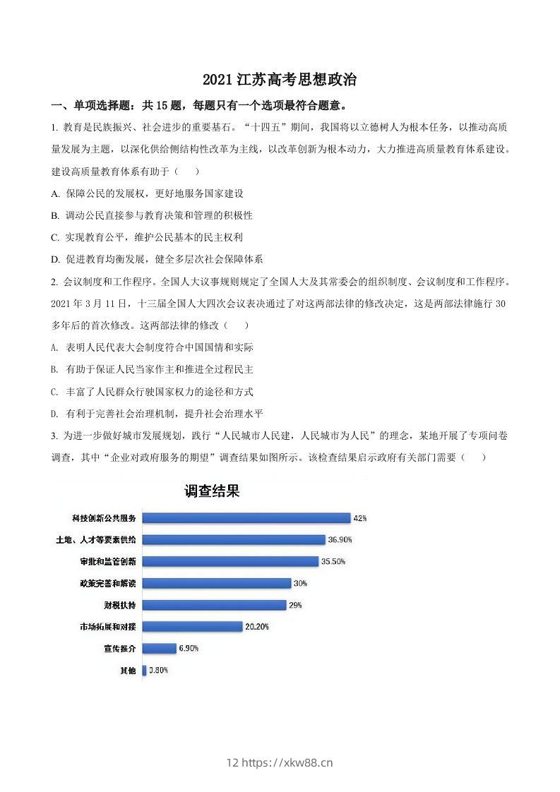 2021年高考政治试卷（江苏）（空白卷）-佑学宝学科网