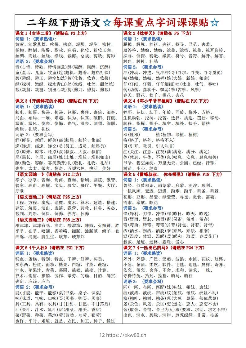 新二下语文每课重点字词课课贴4页-佑学宝学科网