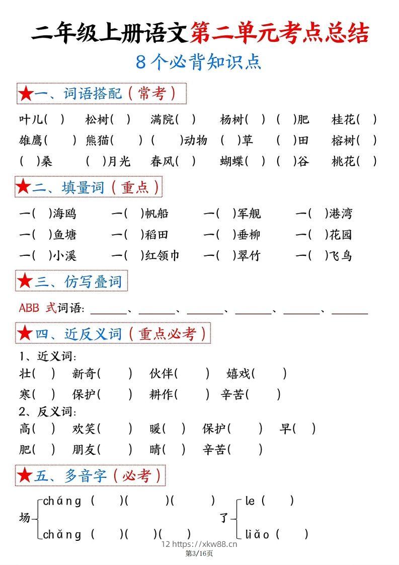 图片[3]-【空白版】二年级上册语文1-8单元考点总结-佑学宝学科网