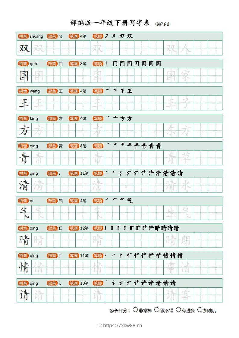 图片[2]-一年级语文下册写字表描红(含拼音笔顺词组)（20页）PDF（部编版）-佑学宝学科网